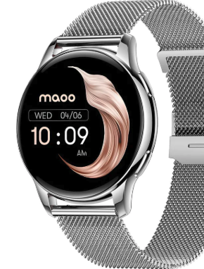 Maoo Ventura AMOLED Smartwatch Damen - Edelstahl und 3x Silikonband - Schrittzähler - Herzfrequenzmesser - Schlafüberwachung - Multisport - Geeignet für Android und iOS - Silber und Weiß