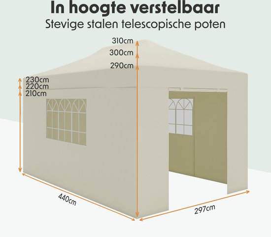 LifeGoods Partyzelt – Pavillon – 3 x 4,5 m – Seitenwände – Easy-Up – Zusammenklappbar – Wasserdicht – Transporttasche mit Rollen – Beige