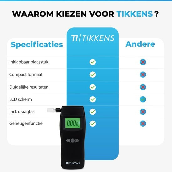 TIKKENSÂ® Digitaler Alkoholtester - Geeignet für Frankreich, Niederlande, Belgien, ... - Alkoholtest - USB Wiederaufladbar - Alkoholtester - 10 Extra Mundstücke - Schwarz