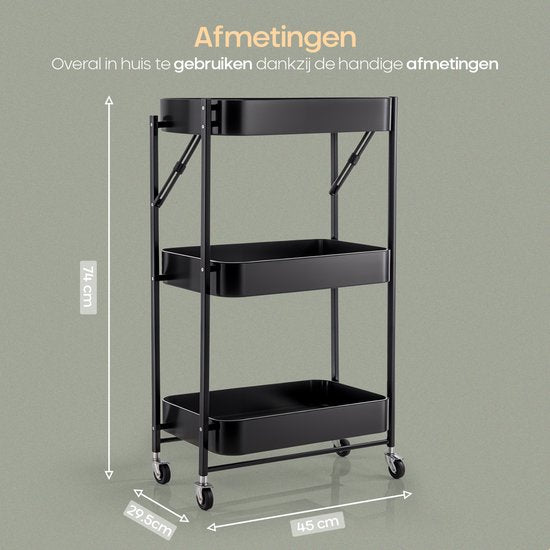 O'DADDY® Küchenwagen zusammenklappbar - 3 Lagen - Servierwagen auf Rädern - Küchenwagen - Rollbarer Tisch - Aufbewahrungswagen - Aufbewahrungswagen - Küchenregal - Schwarz