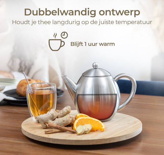 Vaja® Teekanne Valerie aus Edelstahl – Teekanne – Teekanne mit Sieb – Teekanne – Doppelwandige Teekanne – Teekanne mit Warmhaltefunktion – Teekanne aus Edelstahl – 1,2 Liter