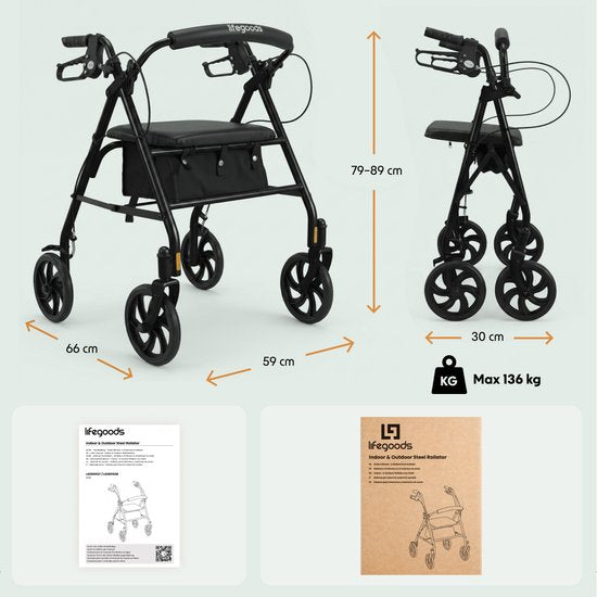 LifeGoods Basic Rollator – Leicht und zusammenklappbar (8,7 kg) – Mit Sitz und Rückenlehne – Für drinnen und draußen – Höhenverstellbar – Tragkraft bis zu 136 kg – Schwarz