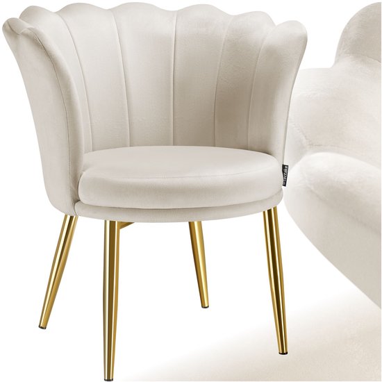 tectake® Sessel Stella – Schalensessel mit Armlehnen – Bequemer Esszimmerstuhl – Küchenstuhl – Dicke Polsterung – Für Wohn- und Esszimmer – Mit Samtbezug – Creme/Gold