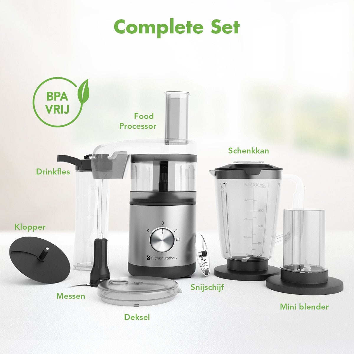 KitchenBrothers Küchenmaschine - 5-in-1 - Kompakte Küchenmaschine - Edelstahl