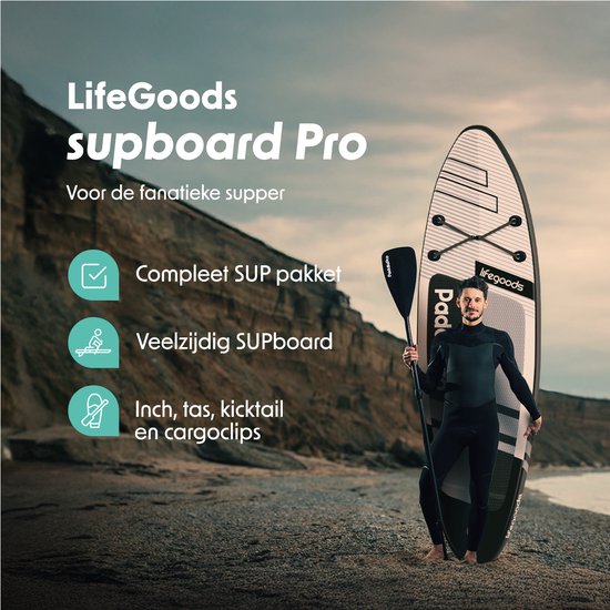 LifeGoods PaddlePro SUP Board Pro - Pro Set - Aufblasbares Paddle Board - Max. 150KG - 320x81cm - Schwarz/Weiß