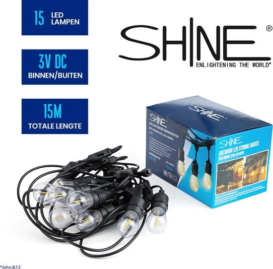SHINE - Lichterkette für den Außenbereich - Solarbetriebene Lichtergirlande - Solar Led Prick Cord - Partybeleuchtung - Lichtergirlande - Gartenbeleuchtung - Vintage Classic Atmosphere Lights - 15 Meter Led E27 Glühbirnen mit Fernsteuerung