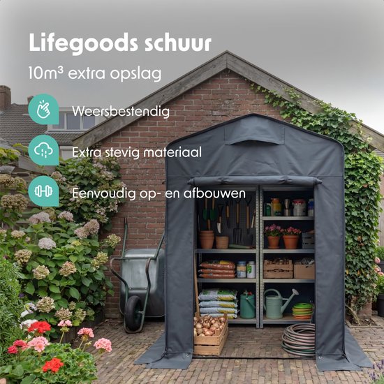 LifeGoods Faltbarer Gartenschuppen - Zeltschuppen - faltbar - Fahrradzelt - Gartenaufbewahrung - Stahlrahmen - 220x150cm - Gartenschuppen - Grau