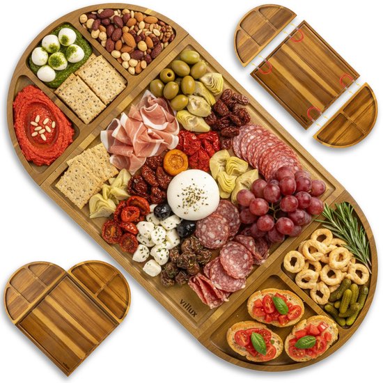 Villux Tapas-Brett – Snackbrett – Servierbrett – Käsebrett – Häppchenbrett – Tapas-Brett aus Akazie – Magnetisches Snackbrett – Inklusive E-Book – 66 cm