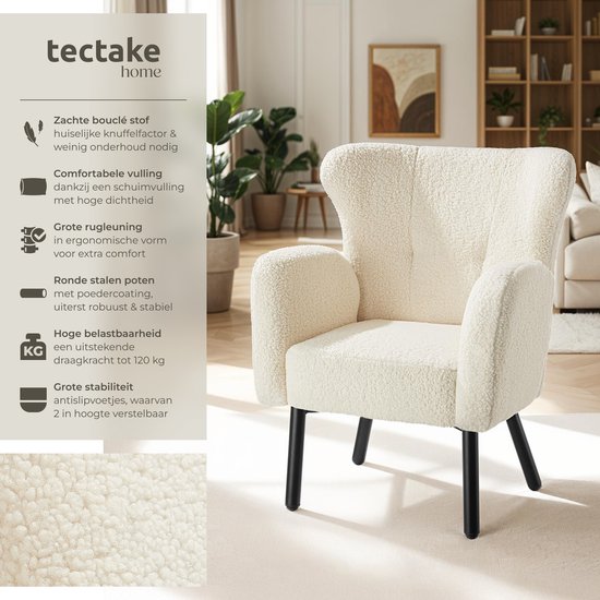 tectake - Sessel Vänersborg - Dick gepolsterter Relaxsessel mit Bouclé-Polsterung - Sessel mit breiten Armlehnen und ergonomischer Rückenlehne - Höhenverstellbare Beine mit Bodenschutz - Beige/Creme