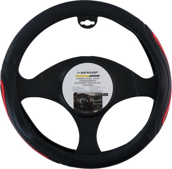 Dunlop Lenkradbezug Auto 38CM - Geeignet für Lenkräder 37-39CM - Komfortabler Griff - Anti-Rutsch - Autodekoration - Kunstleder - Schwarz/Rot