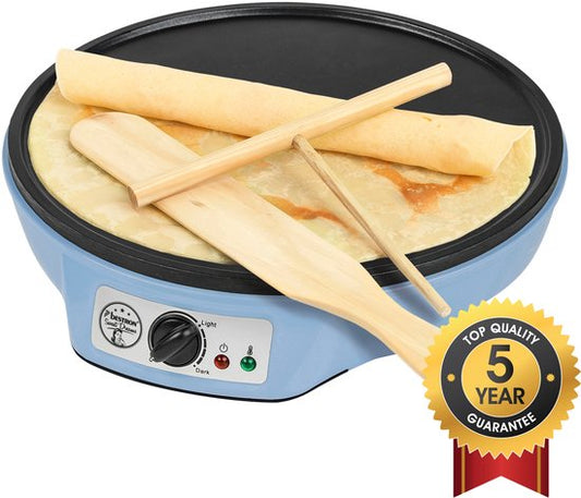 Bestron Pfannkuchenmaschine – ASW602B – 1000 W – Crêpes-Maschine – 30 cm – Blau – Inkl. Holzstapel und Teigverteiler – 5 Jahre Garantie