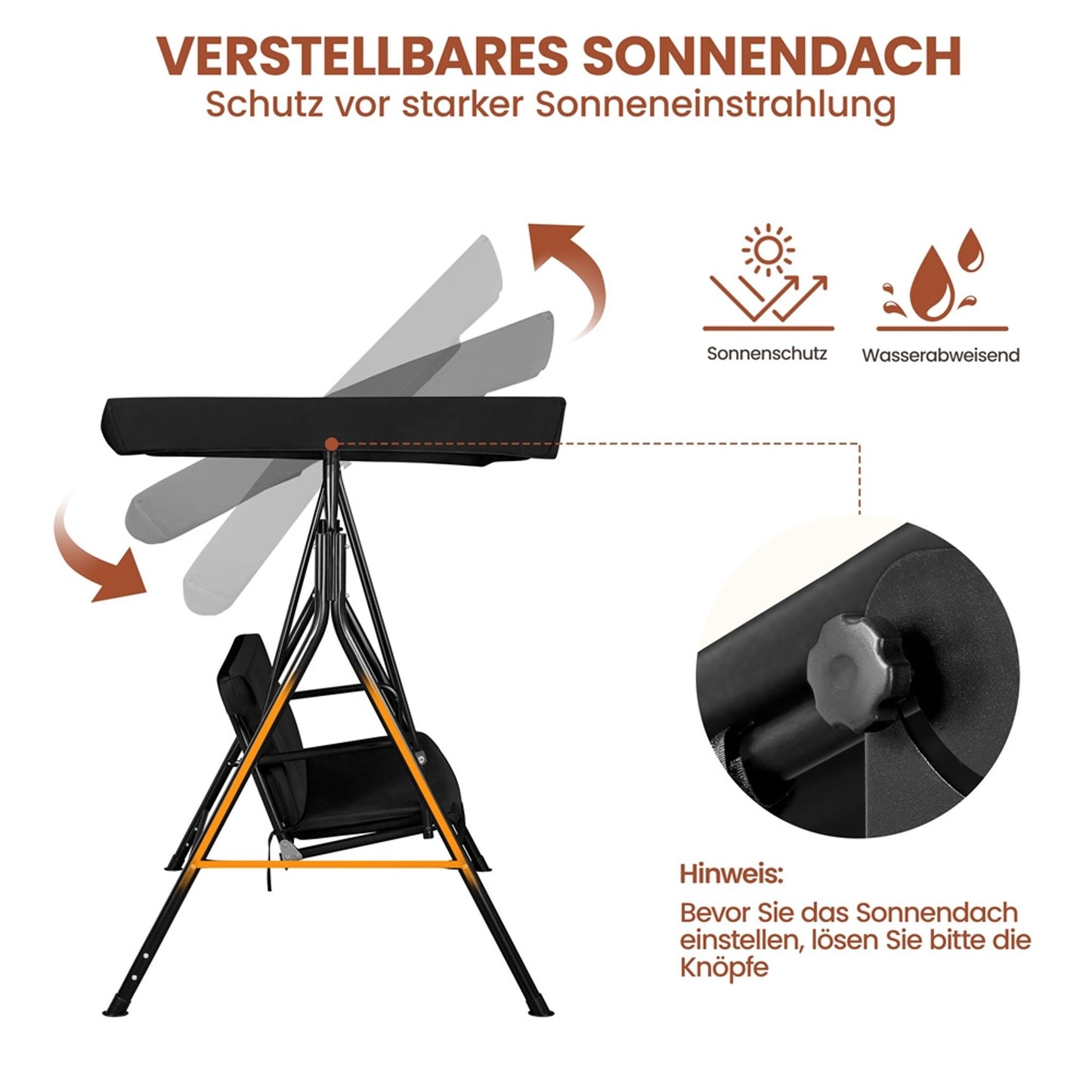Yaheetech 3-Sitzer-Hollywood-Schaukelstuhl mit verstellbarem Sonnendach – 170 x 112,5 x 162,5 cm – Schwarz
