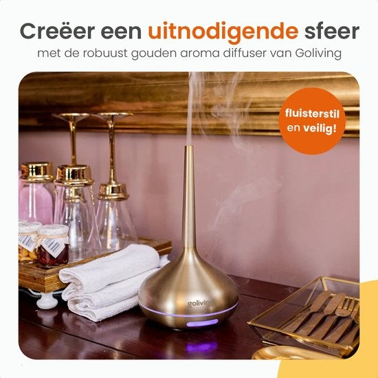 Goliving Aroma Diffuser - Luftbefeuchter - Aromatherapie - Inkl. 2x ätherisches Ã–l - 10 LED Farben - Duftdiffusor - Gold