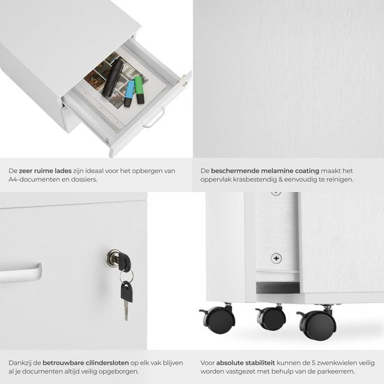 tectake Schubladenschrank - Mit 2 abschließbaren Schubladen, feststellbare Rollen - Rollcontainer - Organizer - Ideal für einen organisierten Arbeitsplatz - Büro, Arbeitszimmer, Home Office - Weiß