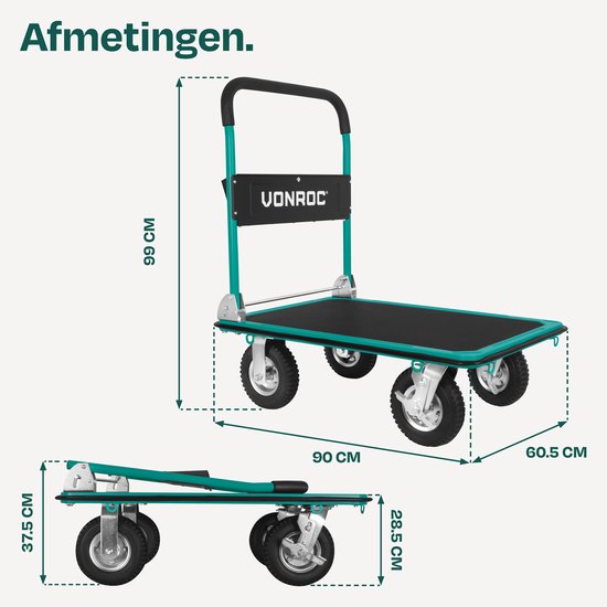 VONROC Premium-Plattformwagen – mit Luftreifen – zusammenklappbar – Tragkraft max. 300 kg – große Ladefläche 90 x 60 cm – inklusive Spanngurte
