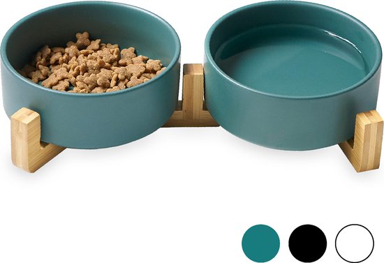 Fressnapf Katze und Hund Keramik - Fressnäpfe doppelt mit Ständer - Trinknapf - 2x 400 mL - Grün Matt