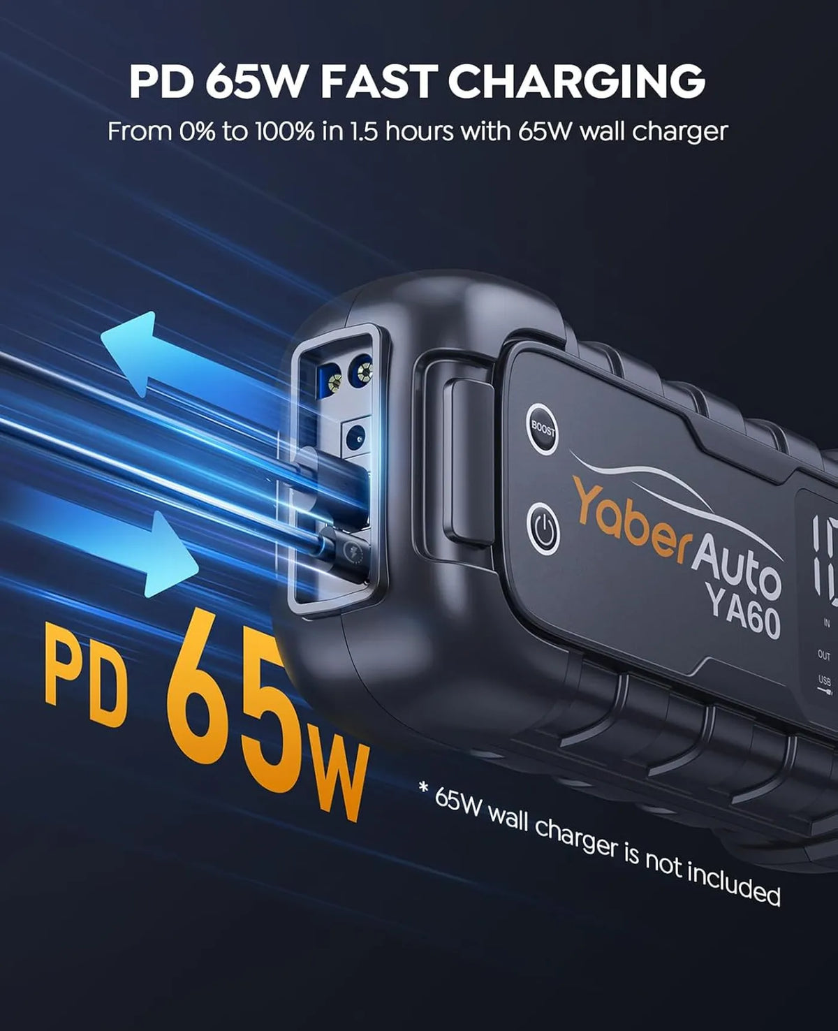 YaberAuto YA60 Starthilfe 8000 A – 26.800 mAh – 65 W Schnellladung, LED