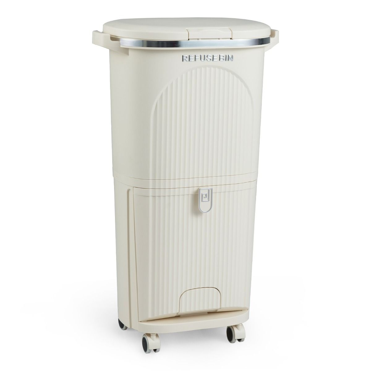 Coast Mülltrennungsbehälter auf Rädern – 3 Fächer – Pedal und Druckknopf – Beige – 38 Liter