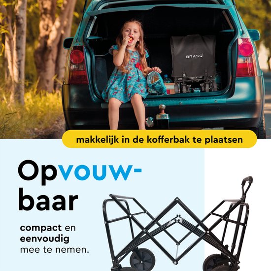 BRASQ Faltbarer Wagen - 100 Liter - 80 KG Kapazität - Schwenkbare Räder mit Bremse - 90x51x100 CM - Verstellbarer Griff - Faltbarer Wagen - Kompakt - Schwarz