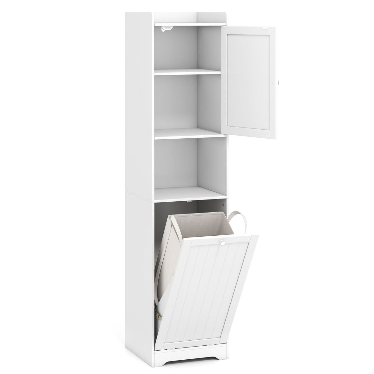 Coast Badezimmerschrank mit Wäschebeutel – hoher, schmaler Aufbewahrungsschrank – verstellbares Regal – weiß, 170 cm