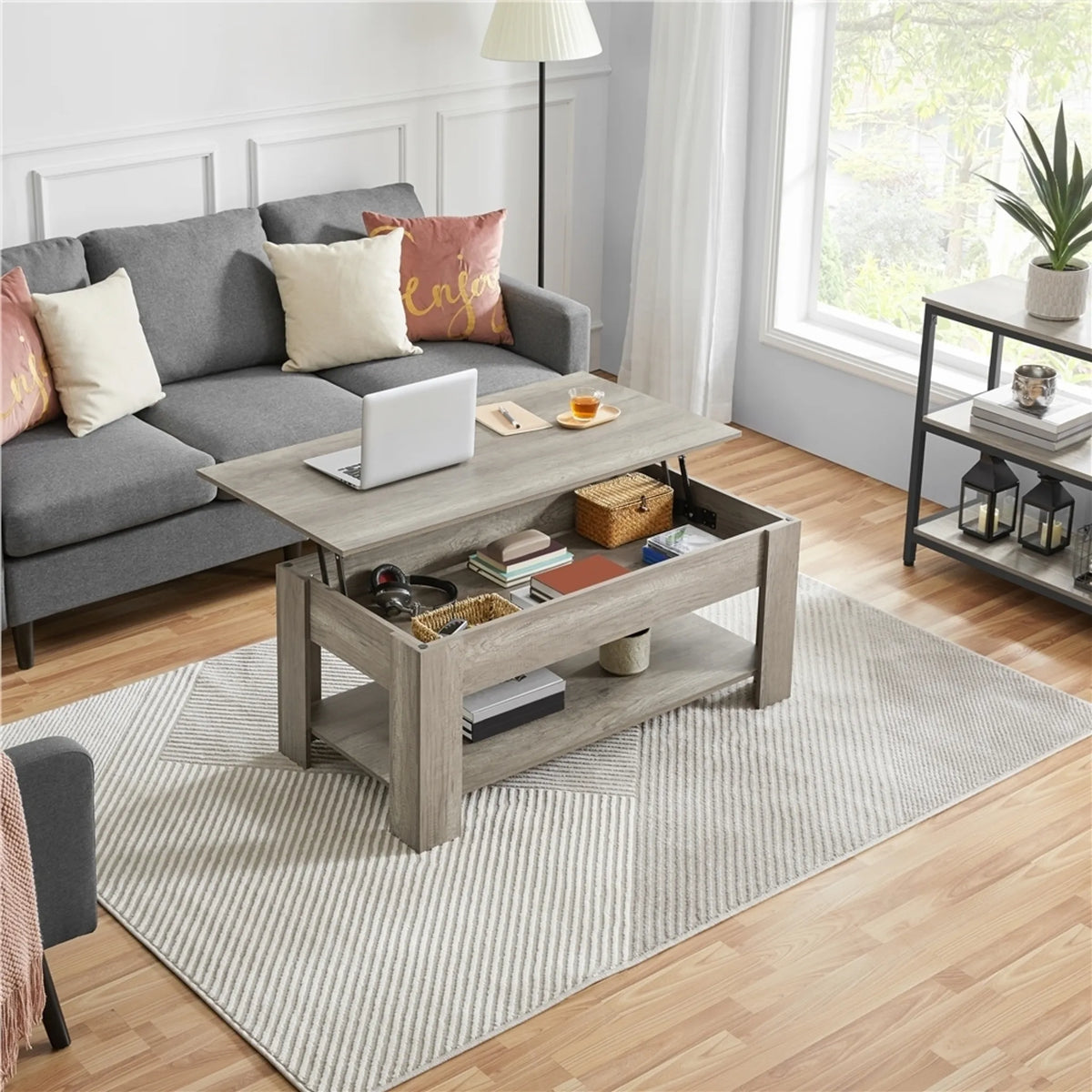Yaheetech Couchtisch mit Lift-Top-Funktion - Mit versteckter Ablage und verstellbarem unteren Regal und Federmechanismus - Für Wohnzimmer und Arbeitszimmer - Grau Mdf und Metall - 120 x 59 x 49,5-63,5 cm
