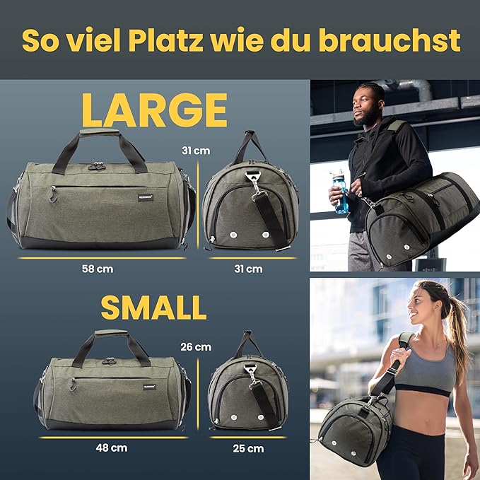 Herowerk Sporttasche mit Schuhfach und Nassfach - Trainingstasche für Frauen und Männer - 48x26x25 cm - 30L - Grün