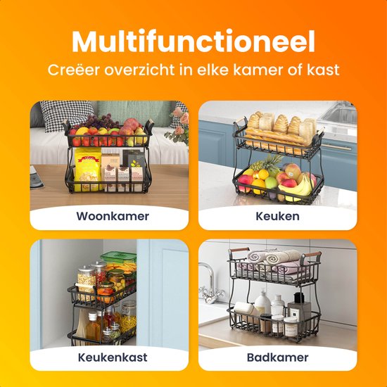 Posity Fruit Bowl 2 Layer - Obstkorb - Obst Etagere - Gemüsekorb - Drahtkorb - Obstregal - Holz & Metall - Schwarz