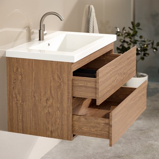 Mirlux Badmöbel Warm Oak 80 cm - Waschbecken Weiß - Badmöbel-Set - Waschbeckenschrank Warm Oak