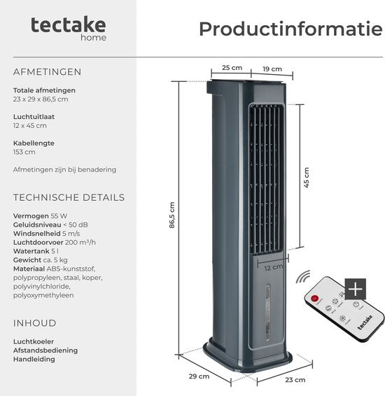 tectake® 4-in-1-Luftkühler Alaska – 5 l Wassertank – 3 Stufen – Luftkühler – Luftkühler mit Schwenkfunktion – Timer – Fernbedienung – Kühlelemente – Luftbefeuchter – Ventilator – Luftreiniger – Anthrazit