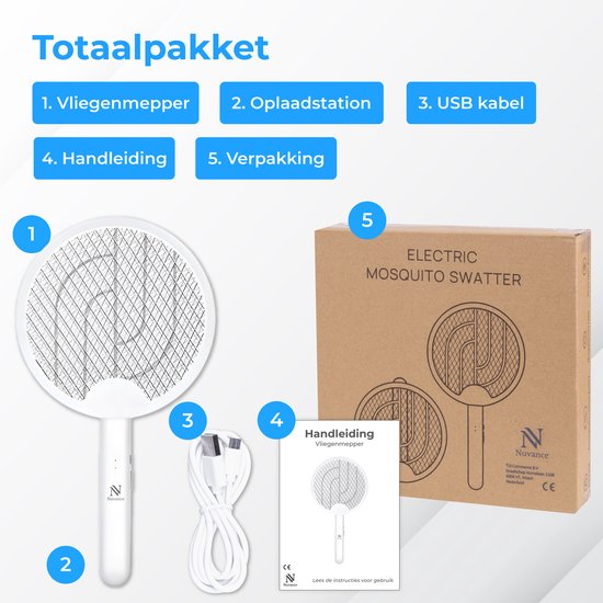 Nuvance Elektrische Fliegenklatsche - 180° drehbarer Griff - Mückenlampe - Usb aufladbar - Fliegenklatsche - Mückenfänger - Uv - Weiß