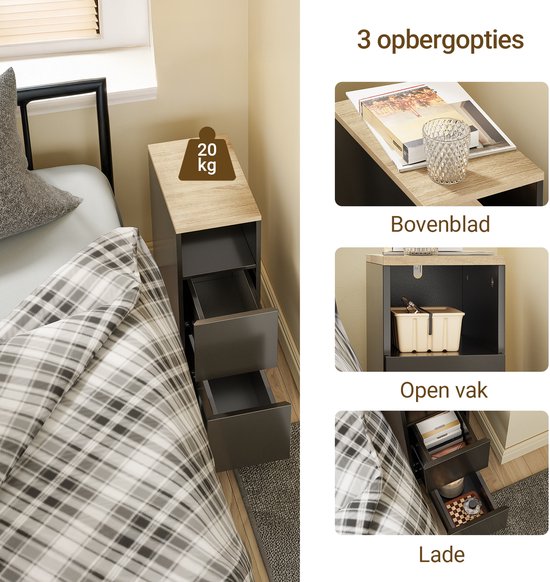 SoBuy Schmaler Nachttisch, schlanker Beistelltisch mit 2 Schubladen und offenem Fach, für Wohnzimmer, Schlafzimmer oder Büro, 20 x 35 x 60 cm, schwarz, FBT149-SCH
