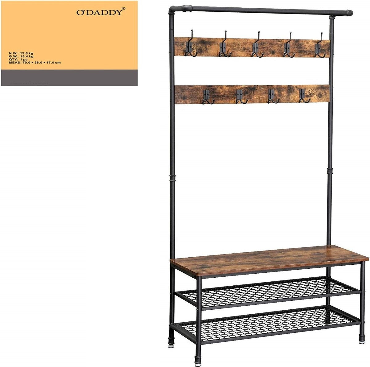 O'DADDYÂ¬Ã† Garderobenständer hochkant - Garderobe mit Schuhablage - 23 Haken 2 Lagen Schuhablage 10 Paar - Garderobe - 100 x 41,5 x 182 cm - braun
