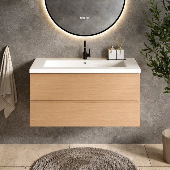 Mirlux Badezimmerschrank Hell-Eiche 100 cm – Waschbecken Weiß – Badezimmerschrank-Set – Waschbeckenunterschrank Hell-Eiche
