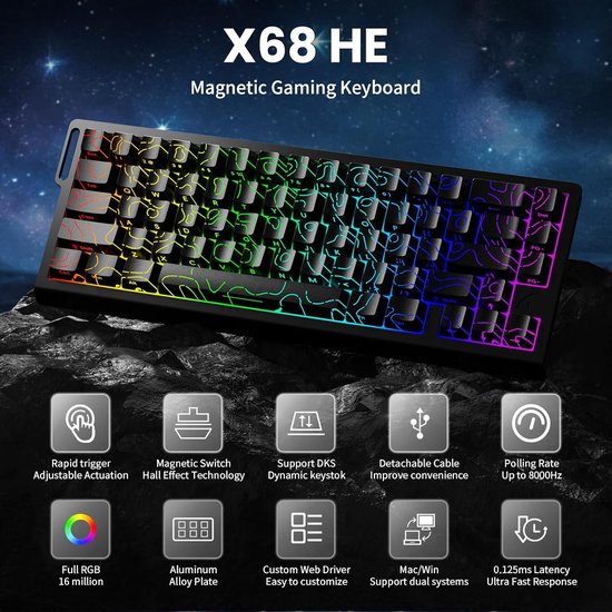 ATTACK SHARK X68HE – Kabelgebundene Gaming-Tastatur mit Magnetschalter – 66 Tasten – RGB – Seitlich bedruckte PBT-Tasten – Dekoratives Lanyard – 8 kHz - 0,01 mm RT - 0,125 ms - Schwarze Konturlinie