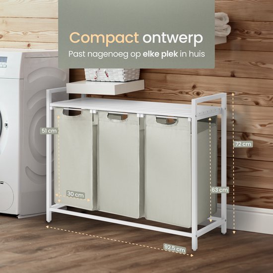 O'DADDY® Wäschekorb 3 Boxen - ausziehbarer Wäschesortierer mit Regal - 114 Liter - 92,5 x 33 x 71 cm - verstellbare Beine - einfach zu montieren - vielseitig und stilvoll aus Metall - weiß