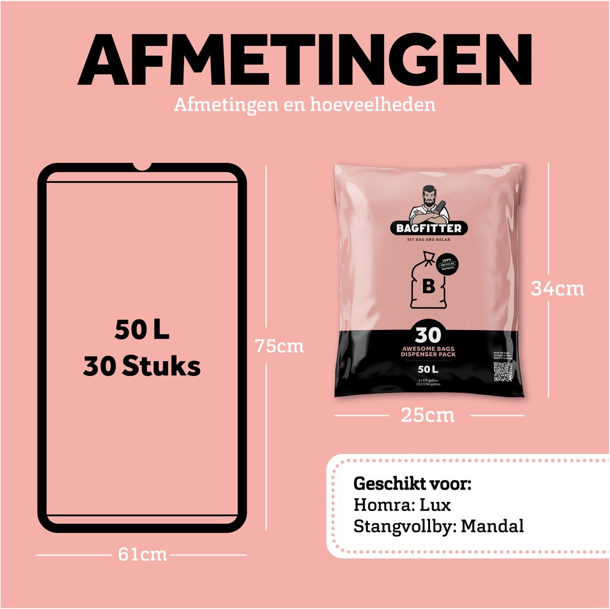 BagFitter Pink B 50L Müllbeutel mit Trageriemen aus 100% recyceltem Kunststoff - 75cm x 61cm - 30 Stück - 50 Liter - Müllbeutel - Müllsäcke passend für Homra Lux und StangVollby Mandal u.a.