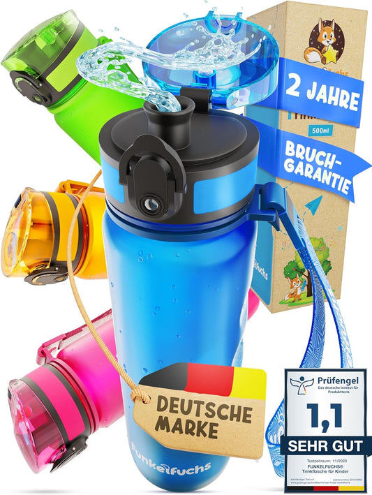 Funkelfuchs® - Trinkflasche für Kinder - 500ml, blau - mit Kohlensäure - 100% auslaufsicher - Wasserflasche spülmaschinenfest - für Kindergarten, Schule, Sport