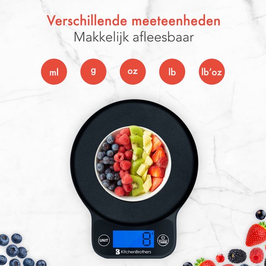 KitchenBrothers Küchenwaage - Waage Küche Digital - 1 g bis 6 kg - Tara-Funktion - Batterien enthalten - Schwarz