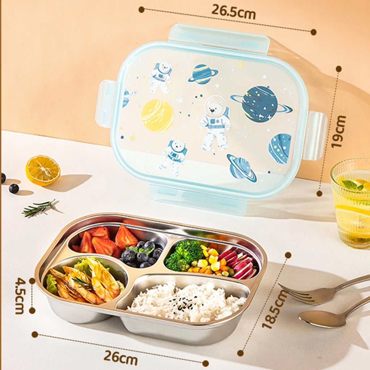 Maxcook Bento-Lunchbox – 4 Fächer – Edelstahl 316 – Weltraumdesign – MCWA5499-Behälter mit Deckel mit Weltraum-Astronauten-Motiv, tragbarer Lunchbehälter für das Büro oder ein Picknick MCWA5499
