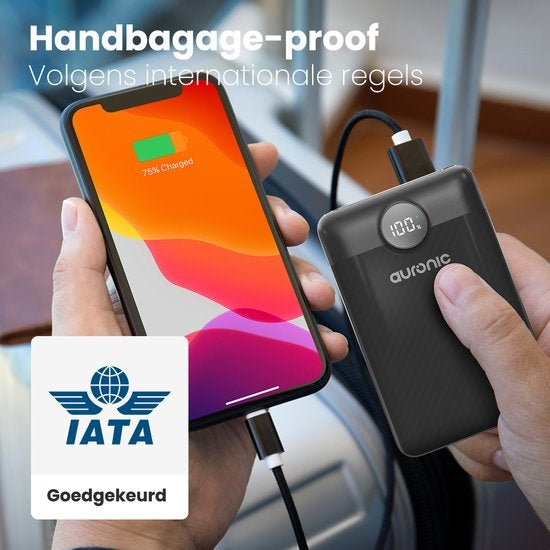 Auronic Powerbank - Schnellladegerät für iPhone und Samsung - 20.000 mAh - 22,5 W - 3 Ladeanschlüsse - Schnellladen über USB-A und USB-C - Schwarz