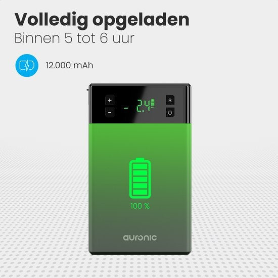 Auronic Jumpstarter - mit Kompressor - 12V - 1200A - 12.000 mAh - 6-in-1 Starthilfe - Inkl. Aufbewahrungstasche & Zubehör - Schwarz/Grau