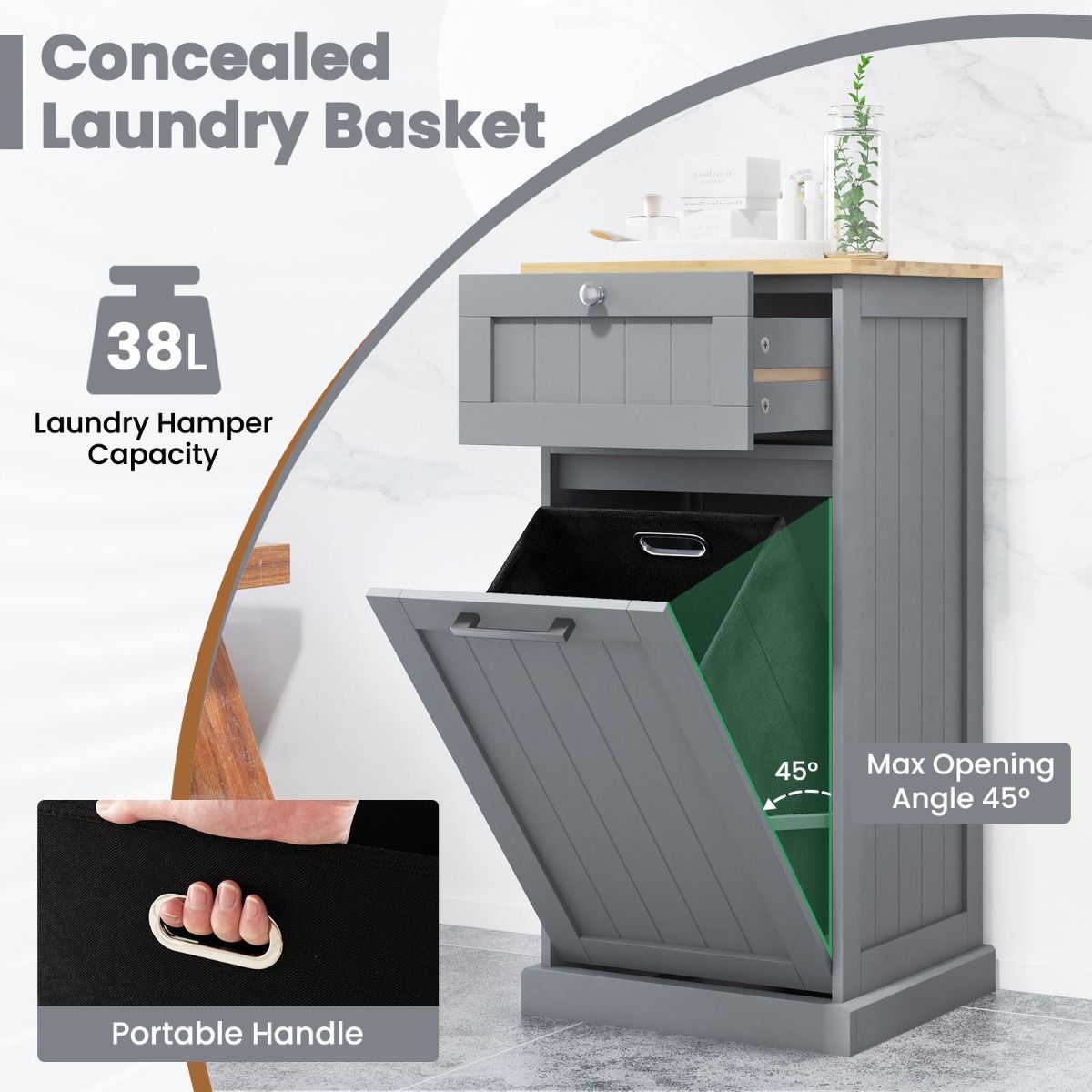 Coast Kleiderschrank mit Wäschekorb – Schublade und Stauraum – Bambus und MDF – weiß und natur – 40 x 37 x 82 cm