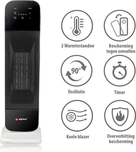 alpina Elektroheizgerät - Keramik-Heizlüfter - auch zum Kühlen - Timer - Fernbedienung - Schwenkfunktion - 2000W - Schwarz-Weiß