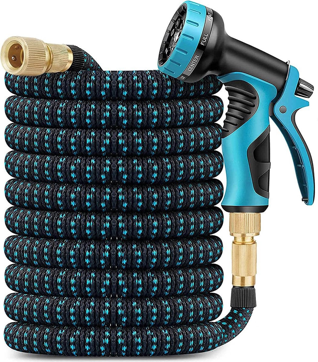 MM Brands Flexibler Gartenschlauch bis zu 15m - 10 Sprühmodi - Schwarz und Blau