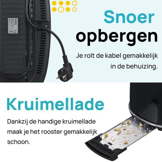 MOA Retro Toaster XL - 6 Heizstufen - 4 Sandwiches gleichzeitig - 1500W - Aufwärm- und Auftaufunktion - Schwarz