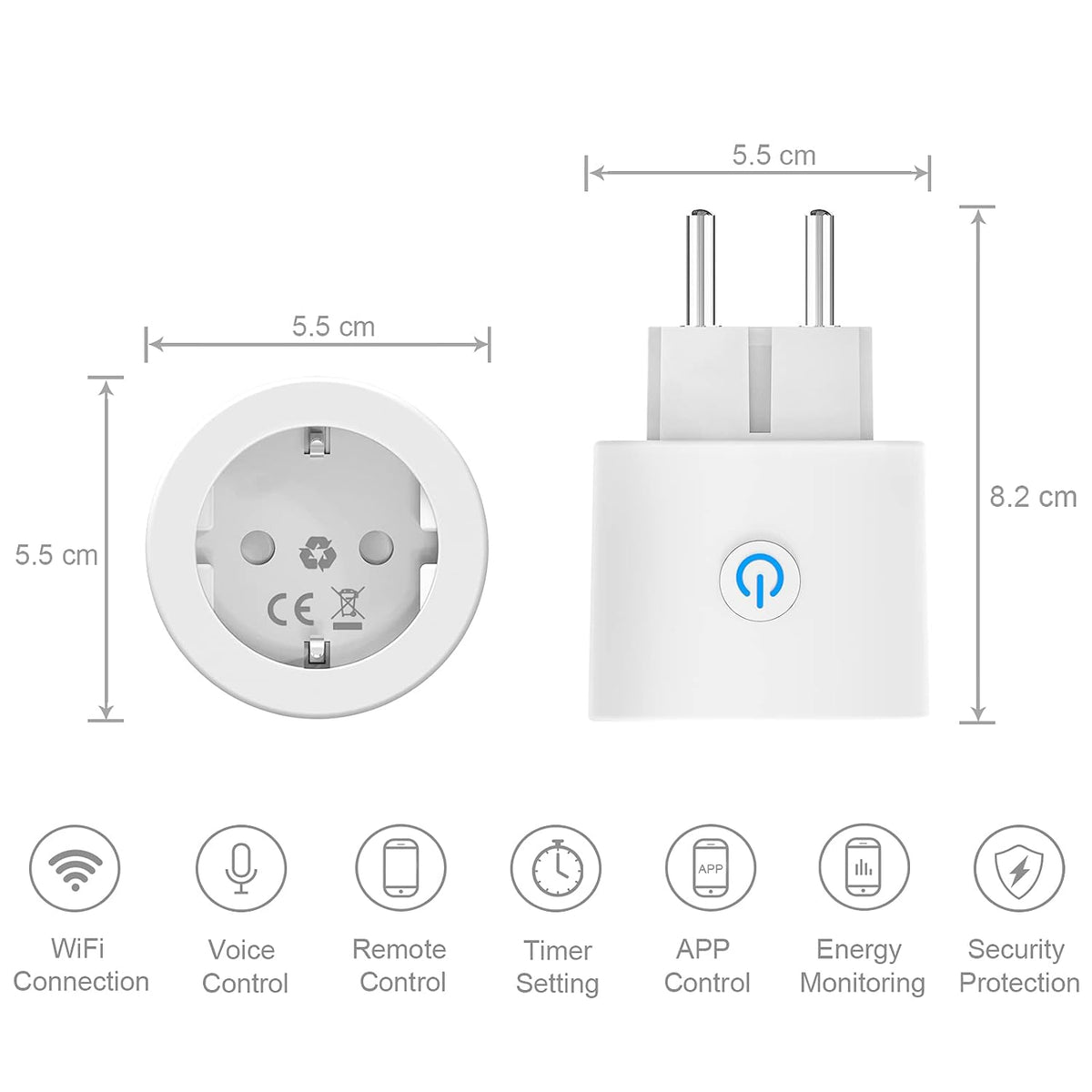 Antela Smart-Steckdose mit Energieverbrauchsanzeige, 2er-Set – WLAN und Sprachsteuerung – Weiß – Feuerfestes ABS