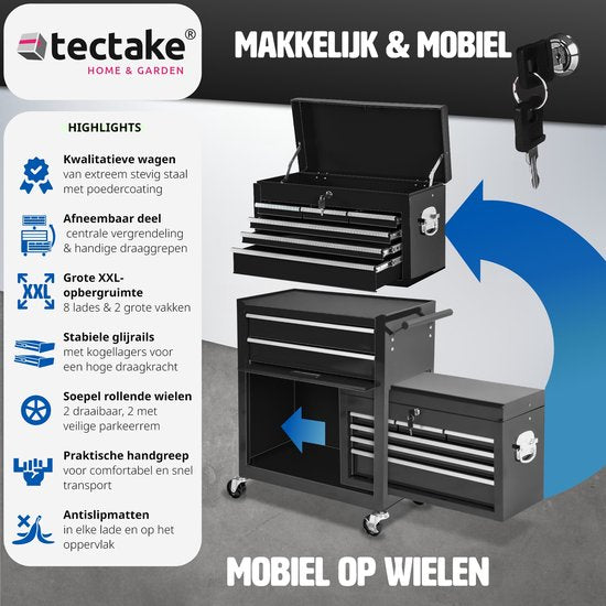 tectake® Werkstattwagen mit Kofferhalterung - Abschließbarer Werkzeugwagen mit 10 Fächern - Mobile Stahlwerkbank - Räder mit Bremse - Leerer Werkzeugwagen, Werkzeugschrank - Schwarz