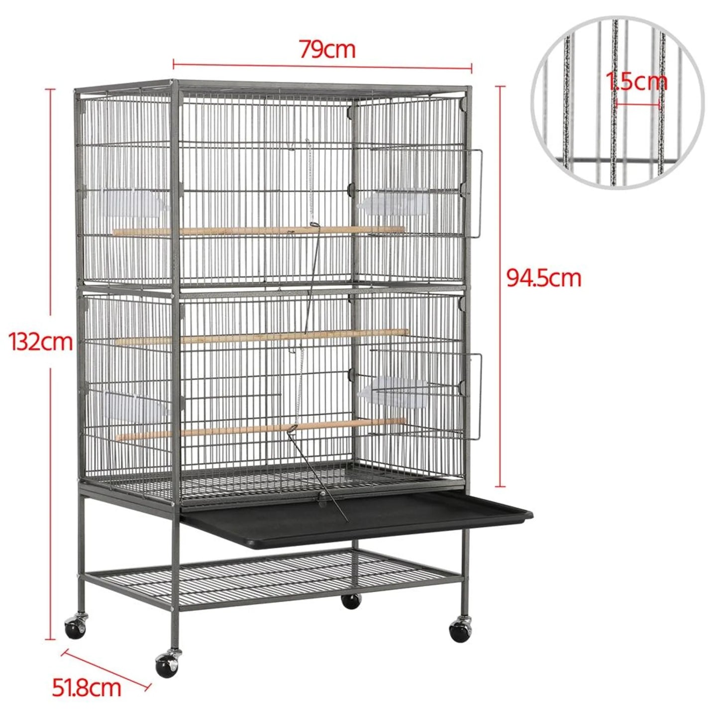 Yaheetech Vogelkäfig XXL mit mobilem Sockel - ausgestattet mit gesicherter Tür und Ablagefläche und 3 Holzstangen - für Papageien und Kakadus - schwarzes Metall - 79 x 52 x 132 cm