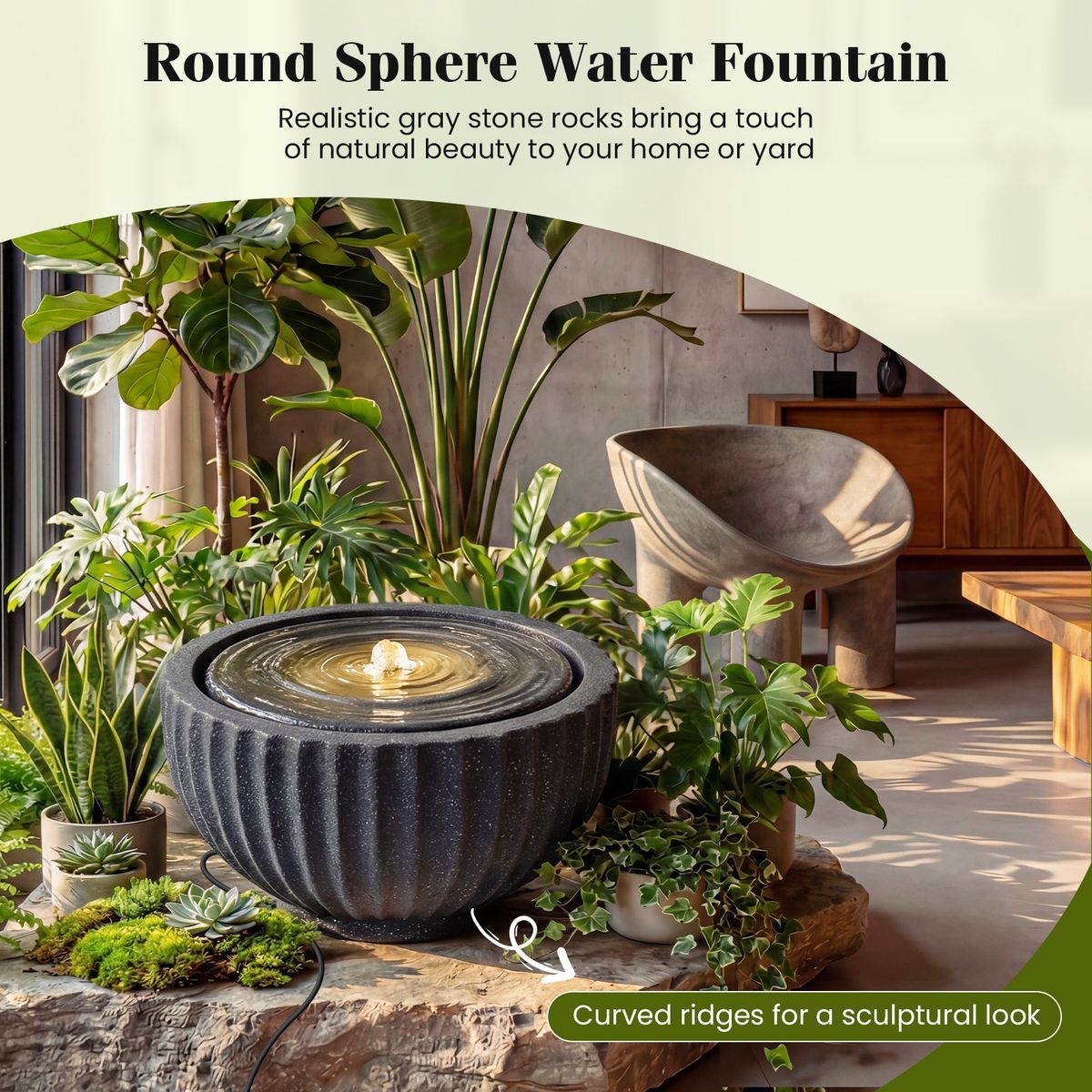 Coast Runder Gartenbrunnen – mit LED-Beleuchtung – Steinoptik – 45 x 45 x 23,5 cm – schwarz