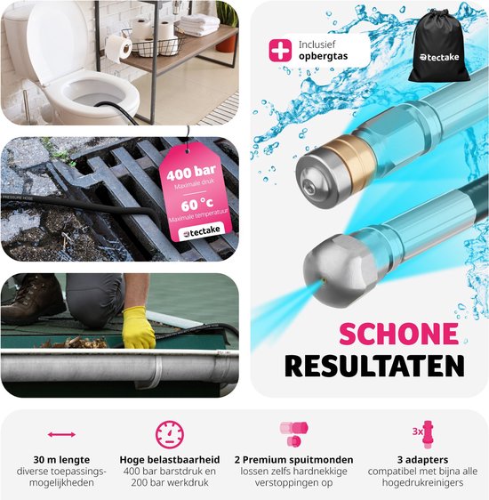 tectake Kanalisationsschlauch - Rohrreinigungsschlauch 2x Rohrreinigungsdüse - Abflussreiniger für Hochdruckreiniger - Rohrreinigung - Abflussleitung - Kanalreiniger - Toilettenreiniger - 30 Meter
